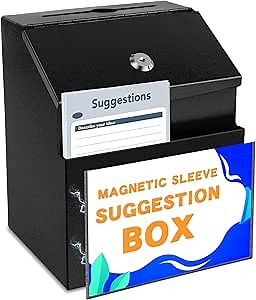 Suggestion Box with Magnetic Sign Holder, Metal Wall Mounted Ballot and 50 Free Suggestion Cards,Donation Boxes for Fundraising with 2 Keys 8.4 x 5.8 x 7.0 inch,Black