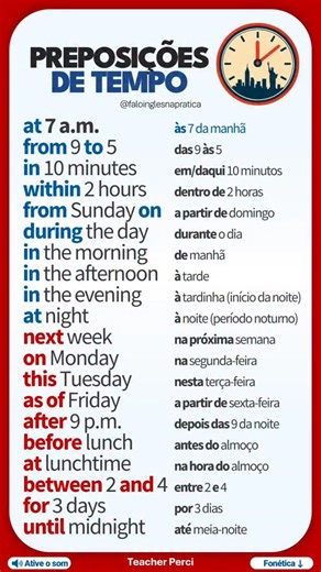 🇺🇲 Inglês na prática on Instagram: "⬇️ Transcrição fonética – Hey, students! 🙋🏻‍♂️ Confira neste post 20 Preposições de Tempo em inglês 😉 🔴 Nota sobre a transcrição fonética adaptada: O apóstrofo é posicionado na frente da sílaba tônica da palavra. Por exemplo, para a palavra "under" /'ândâr/, a sílaba tônica é "ân". at 7 a.m. - ét 7 eî.ém. from 9 to 5 - frâm 9 tu 5 in 10 minutes - în 10 'mînâts within 2 hours - wî'thîn 2 'auârz from Sunday on - frâm 'sândeî ón during the day - 'durîn thâ