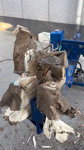 The tree roots are stacked on top of each other. The cross knife splits two tree roots in