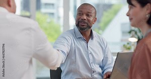 Financial advisor, couple and handshake, meeting and welcome for loan agreement, investment deal or support. Professional agent, people or clients shaking hands for success, service or introduction