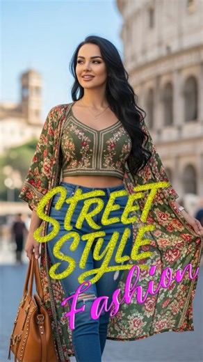 Boho Chic Street Style Woman Floral Kimono, Crop Top & Ripped Skinny Jeans Casual Look 4k