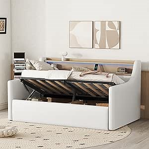 Twin Daybed with Lift Up Hydraulic System and Headboard, PU Leather Day Beds with Charging Station and RGB LED Light, White Day Bed Twin Size