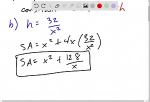Figure 12(b) shows an open rectangular box with a square base. Consider the problem of finding the values of x and h for which the volume is 32 cubic feet and the total surface area of the box is minimal. (The surface area is the sum of the areas of the five faces of the box.) (a) Determine the objective and constraint equations. (b) Express the quantity to be minimized as a function of x. (c) Find the optimal values of x and h. | Numerade