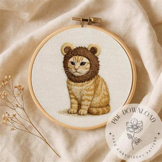Lion Cat Embroidery Pattern, Beginner DIY Hoop Art (PDF Download, 6 Sizes Included) - Etsy