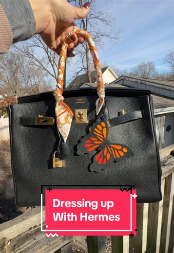 Handmade butterfly by Melissa’s Meanderings. Little pop of spring on this cold New Year’s Eve! #butterfly #birkin #hermes #twilly #bagfashion