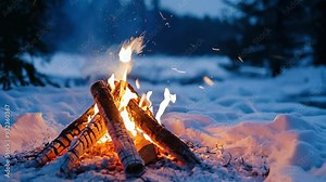 close up bonfire on snow covered ground in nature landscape winter season, flickering flame with copy space, camping calm peaceful concept Stock Video