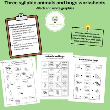 Speech-Three Syllable Animals & Bugs worksheets set-black   white graphics