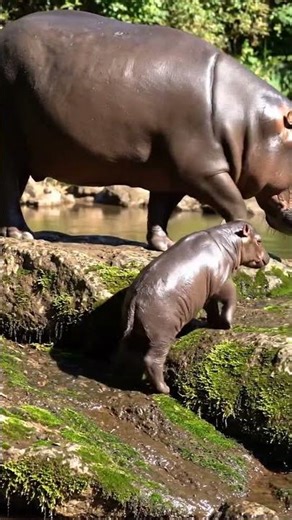 Heartwarming moment: Mom Hippo & Her Tiny Calf