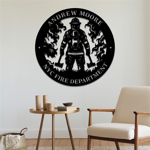 Personalized Firefighter Metal Wall Art, Name Round Sign, Hero Silhouette Home Decor, Rustic Fire Theme Decoration, Gift for Firefighters - Etsy