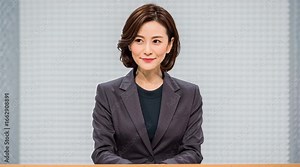 Newsreader of a Japanese TV channel nods and welcomes their audience. Live broadcast