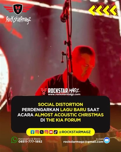 🇮🇩 RCKSTRMGZ on Instagram: "Band punk rock legendaris Social Distortion memberikan kejutan kepada para penggemar dengan membawakan sebuah lagu dari album terbaru mereka yang akan datang saat tampil di acara KROQ Almost Acoustic Christmas di The KIA Forum. Penampilan tersebut menjadi salah satu momen yang paling dinanti, mengingat album baru ini akan menjadi rilisan pertama Social Distortion dalam beberapa tahun terakhir. Lagu yang dibawakan menampilkan karakter khas band—perpaduan punk rock, r