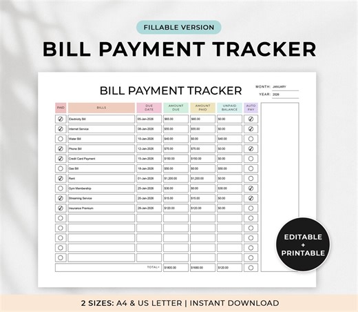 Editable Monthly Bill Payment Tracker, Printable Bill Payment Checklist, Expense and Bill Tracker, Bill Pay Organizer, Bill Payment Log,pdf - Etsy