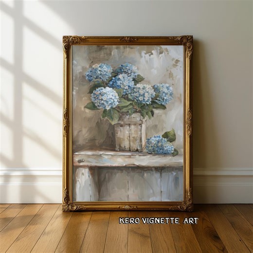 Rustic Blue Hydrangea Oil Painting, Farmhouse Floral Wall Art, Vintage Flower in Wood Basket Print, Country Cottage Decor, Printable Art - Etsy