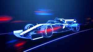Abstract animation of a futuristic blue formula 1 speed in 4K UHD, cgi made with wireframes on an animated futuristic to highlight the automobile and it's technology and engineering 3D rendering
