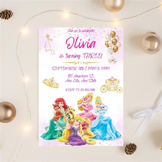 Watercolor Disney Princess Birthday Invitation, Princess Party Royal Theme Invite, Editable Canva Template, Girls Birthday Invite - Etsy