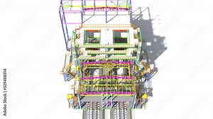 Animation of a BIM model of a building structure made of metal structures made by structural engineers. 3D design project.