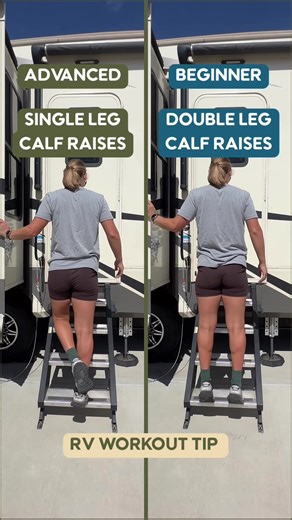 Part 1: RV Workout Tip. Your ladder = calf machine 😏💪 Small space. Zero gear. Problem solved 🚐 👉 Full RV workouts programs in our Active RV Life Fitness Portal: activervlife.com/membership-info #rvworkout #smallspacelivingtips #fulltimervliving