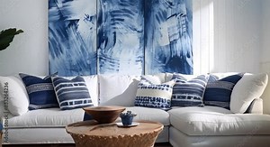 Nautical-themed Coastal Living Room with Blue and White Decor and Natural Textures. Concept Coastal Decor, Nautical Theme, Blue and White, Natural Textures