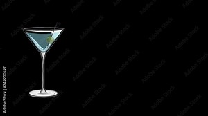 Cute animation (with alpha) of a martini glass being filled with gin, with an olive bobbing around. Transparent background.