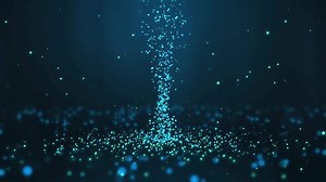 Blue tornado at the center of many particles twirling on the ground and flying in the air with light rays at the top center, horizontal composition. Standard speed. Loop animation footage for graphic