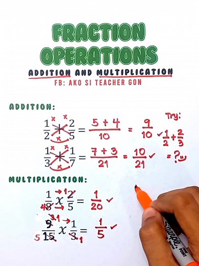 Adding and Multiplying Fractions‼️📝 #basicmath #fractions #mathematics #MathTutor #teachergon #math #mathreview | Ako si Teacher Gon