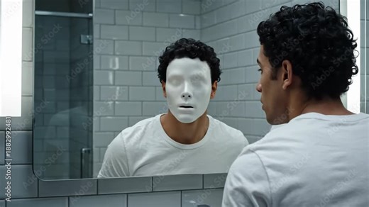 Man looking in mirror sees reflection with faceless mask and distorted identity, a representation of prosopagnosia