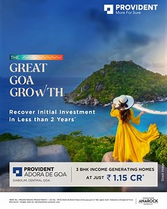 Where India Invests. Goa’s fastest-growing real estate destination is now offering ready resort style homes with high rental income potential. ✅ RTMI 3 BHK Income-Generating Homes at just ₹1.15 Cr* ✅ Recover initial investment in less than 2 years ✅ In Dabolim, Central Goa just 3.5 km from Airport ✅ Clubhouse | Private cabanas | Decks | Poolside restaurant ✅ Multiple pools | Lazy river | Jacuzzi | Sunken bar | Snorkelling zones | Aqua gym | Kids splash & drenching fountains ✅ Vasco - 3Km | Old G