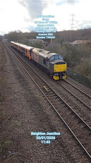 Rail Operations Group BR Class 37 number 37510 named Orion with a Class 730 EMU at Beighton Junction