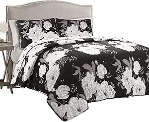 Lush Decor Zinnia Floral 3 Piece Quilt Set, King, Black/Gray