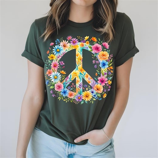 Floral Peace Sign PNG, Watercolor Flower  Symbol, Hippie Flower Power , Love Flowers Boho design
