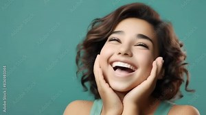 young woman portrait expressing a wide smile and joy emotion, isolated - 4k stock video footage animation AI