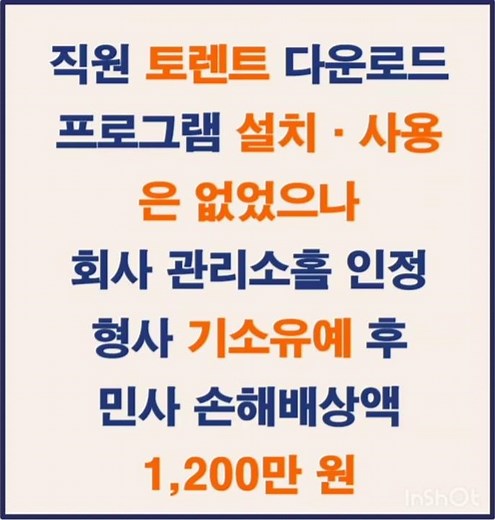 [불법소프트웨어 저작권침해 손해배상판결] 직원 토렌트 다운로드… 설치·사용 없었지만 회사 기소유예 후 1,200만 원 배상