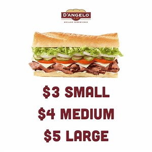 Here, here! 3, 4, and 5 dollar Deli Sandwiches, all day, every day. At participating locations. dangelos.com | D'Angelo Grilled Sandwiches