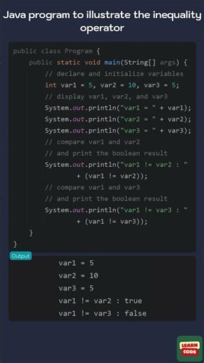 👩‍💻 Java program to illustrate the inequality operator (!=)