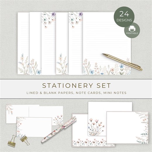 Printable Stationery Bundle, Floral Writing Paper, Flower Note Cards, Lined and Blank Pages, Mini Notes, Instant Download Set - Etsy UK