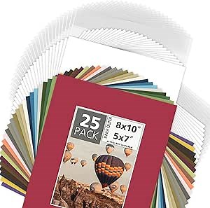 Mat Board Center, Pack of 25, 8x10 for 5x7 Mix Color Picture Mat Sets - Acid Free, 4-ply Thickness, Bevel Pre-Cut White Core - Includes Backing Boards and Clear Bags - for Pictures, Photos, Framing