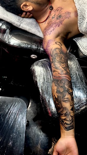 Pouya Fernandez on Instagram: "Not just ink on skin. Trust, ideas, and darkness in form. Sleeve + chest — fully custom. Sharp lines powered by #hawink needles. 🖤 #tattoo #trusttheprocess"