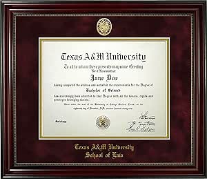 Texas A&M University School of Law Diploma Frame – Officially Licensed – Traditional Mahogany Wood Satin Finish with Bead Frame and Maroon Suede Mat. Gold Embossed Texas A&M Ring Crest Seal