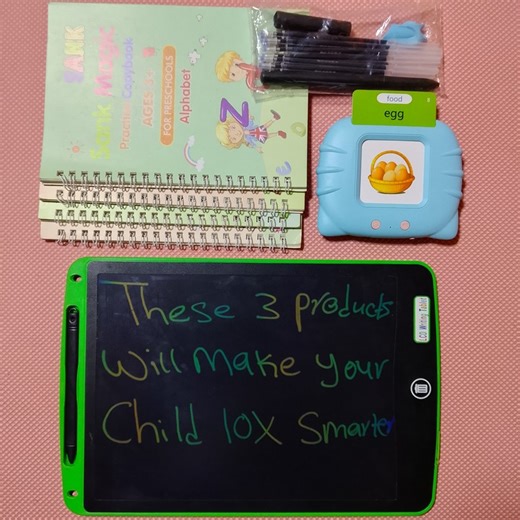 Do You Have A Child Aged 2 to 10? Are you looking for a fun way to teach your kids? Worry No More! What you need is our smart play triple bundle. It's an education toy that will enable your child to learn how to spell and pronounce words currently, It will also enable your child to learn how to write and draw. It's a perfect gift for it's aged 2 to 10. It will make your child willing to learn without yelling. If you order now you will get our Smart Kid Card Reader, it will enable your child to l