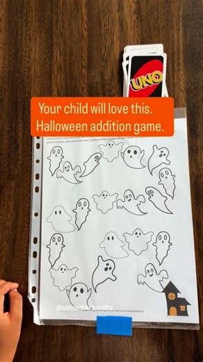 SAVE this Halloween themed Math Addition Game. Follow @learnwithkidscrafts for more ideas. Flip a uno card and add it to the previous ghost number till you reach the haunted house. Find this printable in October update of Math loom. If you need the link, let me know in the comments. #handsonlearning #simpleactivities #unogame #kindergarten #homelearning #earlychildhood #earlyyearseducation #learningthroughplay #earlymath #kindergartenactivities #earlymathsfun #homeschoolmom #mathgames | Learn wi