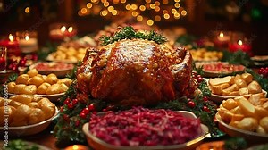 Golden roasted turkey centerpiece for a grand Christmas feast Stock Video
