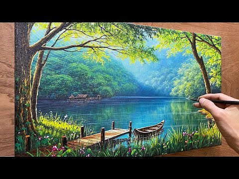 Draw a lake landscape in the forest / Acrylic landscape painting / Art painting / A Lu Art.