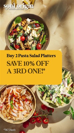 Fresh, flavour-packed, and made to share! Our Pasta Salad Platters are the heroes of every gathering. For a limited time, buy 2 platters and get 10% off your 3rd* with code SOPASTA10. | Soul Origin