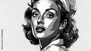 Vintage illustrated woman in nurse uniform poses confidently in a classic style setting