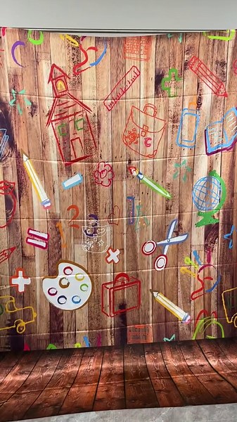 2025 Back to School Backdrop for Photography 5X7FT Hand Painted Pencils House Books on Vintage Retro Wood Floor Background for Kids Party Decorations Photoshoot Studio Props