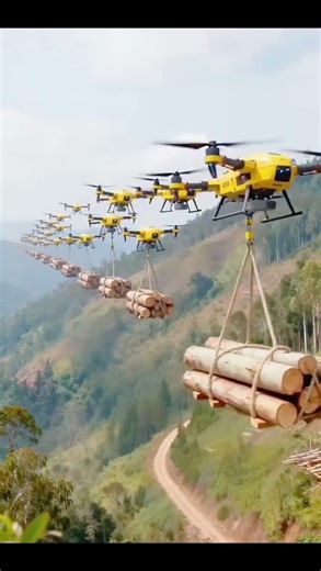 Transporting logs with drones! With so much timber#drone #uav #payload#tech#weights