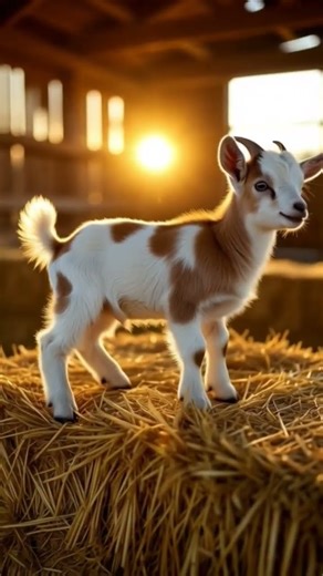 curious baby goat hopping joyfully on a stack of hay bales in a golden, sunset-drenched barn❤️❤️