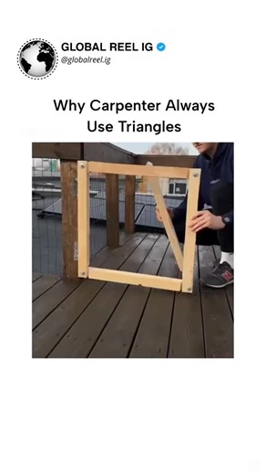 Global Reel IG ™ on Instagram: "The post's video shows a carpenter demonstrating how a rectangular wooden frame wobbles under pressure until a diagonal brace creates a triangle, instantly making it rigid and stable. Triangles provide this rigidity because they are the only polygon whose shape is fixed by its three side lengths, preventing angle changes without stretching or compressing sides, a core concept in Euclidean geometry. In structural engineering, this principle underpins trusses in bui