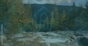 Digital lock and shield animation over scenic mountain river landscape