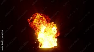 Impressive intense explosion on a black background. Dynamic composition of a detonating bright colorful explosion, shock wave and puffs of smoke filling the space
